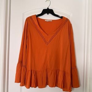 Rusty Dusty Rust Orange Boho Bell Sleeve Peplum Top XL NWT